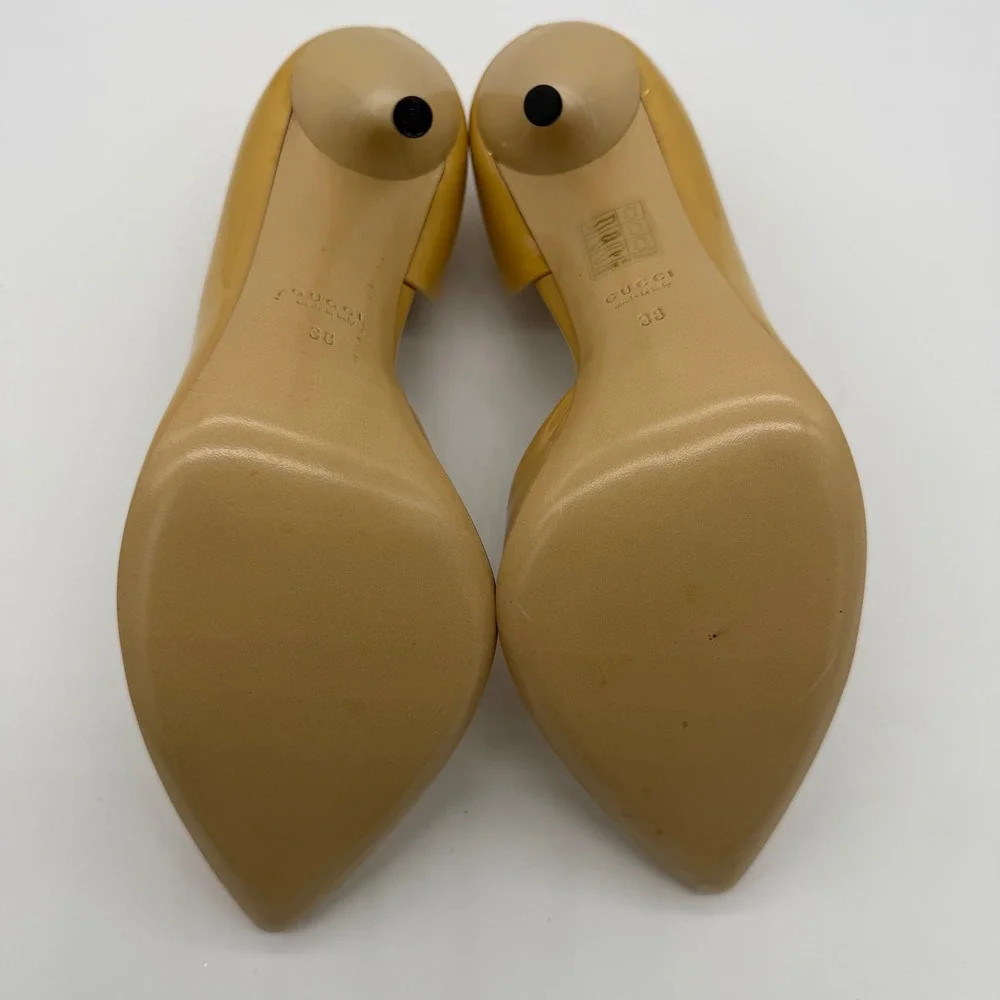 Gucci Women Neutral Yellow Patent Leather D Orsay Pointed Toe Stiletto Pumps 38